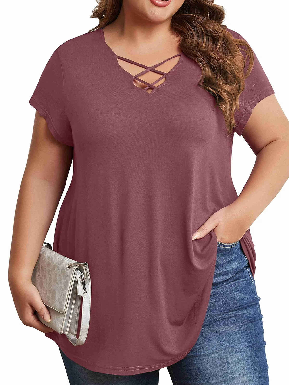 Mengpipi Women's Plus Size Criss Cross V Neck Top, Rayon Short Sleeve ...