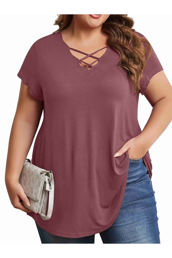 Womens Plus Size Tops Criss Cross V Neck Short Sleeve Summer Casual Blouses, Wine-2X