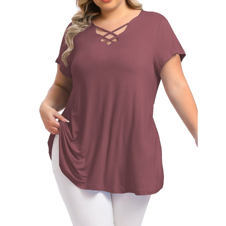 Womens Plus Size Tops Criss Cross V Neck Short Sleeve Summer Casual Blouses,  Wine-2X 