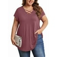 thumbnail image 1 of Womens Plus Size Tops Criss Cross V Neck Short Sleeve Summer Casual Blouses, Wine-2X, 1 of 6