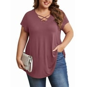 MENGPIPI Womens Plus Size Tops Criss Cross V Neck Short Sleeve Summer Casual Blouses, Wine-2X