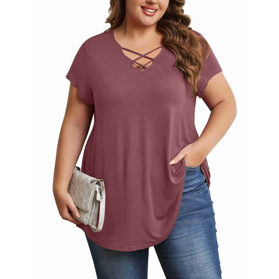 Womens Plus Size Tops Criss Cross V Neck Short Sleeve Summer Casual Blouses, Wine-2X
