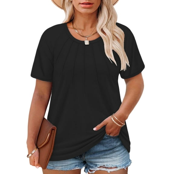 Womens Plus Size Tops Cute Short Sleeve Shirts Loose Fit Crew Neck Blouses Fashion Casual Solid Color Tunics 2X Black