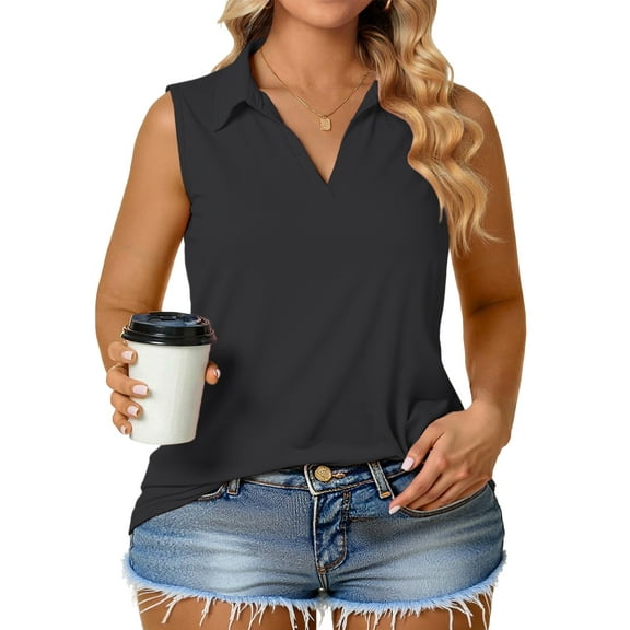 Womens Plus Size Tops Cute Sleeveless Polo Shirts Collared V Neck Work Tunics Black 2Xl