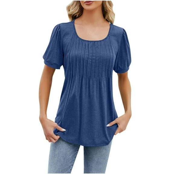 Womens Plus Size Tops Dressy Casual Flowy Short Sleeve Pleated Blouses Square Neck Solid Color Summer Tunic T-Shirts (Navy XL)