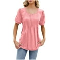 thumbnail image 1 of Womens Plus Size Tops Dressy Casual Flowy Short Sleeve Pleated Blouses Square Neck Solid Color Summer Tunic T-Shirts (Pink S), 1 of 5