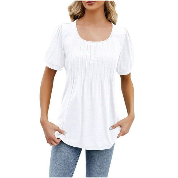 Womens Plus Size Tops Dressy Casual Flowy Short Sleeve Pleated Blouses Square Neck Solid Color Summer Tunic T-Shirts (White 2XL)