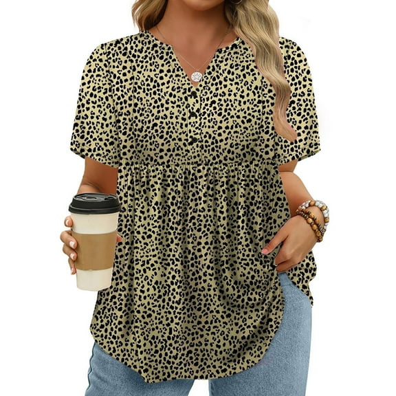 Womens Plus Size Tops Dressy Casual Peplum Tunics 2025 Henley Flowy Work Button Cheetah Print Tshirts 2Xl YH003