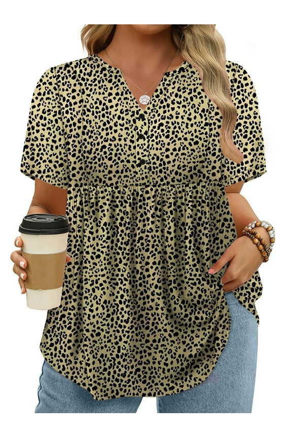 Womens Plus Size Tops Dressy Casual Peplum Tunics 2025 Henley Flowy Work Button Cheetah Print Tshirts 2Xl YH003