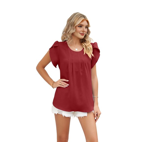 Womens Plus Size Tops Dressy Casual Summer Chiffon Blouses Short Sleeve Dress Shirts Business Loose Fit Tunics Wine red L