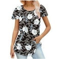 thumbnail image 1 of Womens Plus Size Tops Dressy Flowy Short Sleeve Pleated Blouses Floral Crew Neck Flutter Sleeve Summer Tunic T-Shirts (Black XL), 1 of 1
