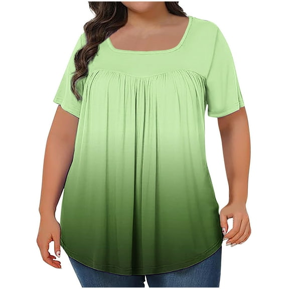 Womens Plus Size Tops Dressy Pleated Square Neck Shirts Trendy Cute Short Sleeve Gradient printing Blouses Casual Loose Fit Tunics L-5XL