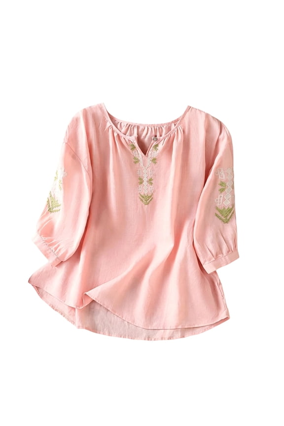 Womens Tops Embroidered Cotton Linen Blouse 3/4 Sleeve Peasant Tops with V-Neck Ethnic Style
