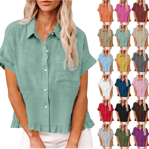 Womens Plus Size Tops Fashion Casual Solid Cotton Linen Shirts Summer Hem Fringe Flared Collar Tops