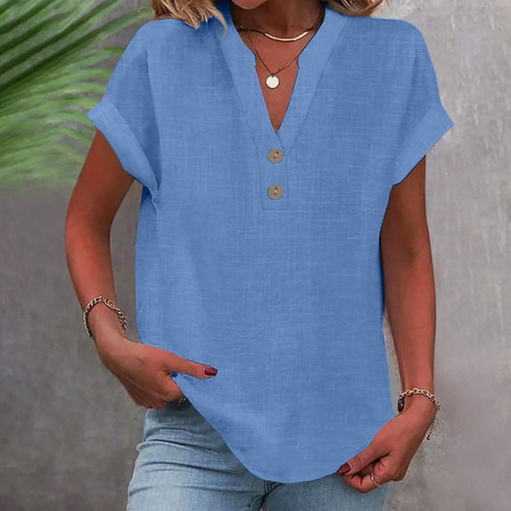Womens Plus Size Tops Fashion Casual Solid Cotton Linen Shirts V Neck Buttons Short Sleeve Tunic Blouse Summer Tops for Women 2025 Size S-5XL