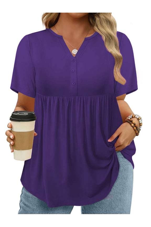 Womens Plus Size Tops Fashion Short Sleeve T Shirts Swing V-Neck Summer Dressy Buttons Up Tunics 3X Dark Purple