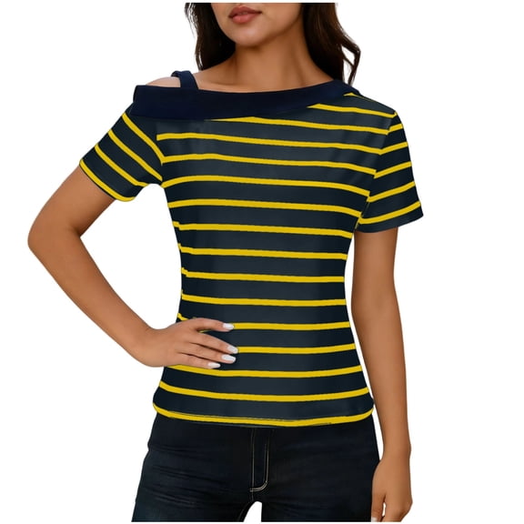 Womens Plus Size Tops Fashion Striped Casual Short-Sleeve Off-Shoulder Patchwork T-Shirts Top