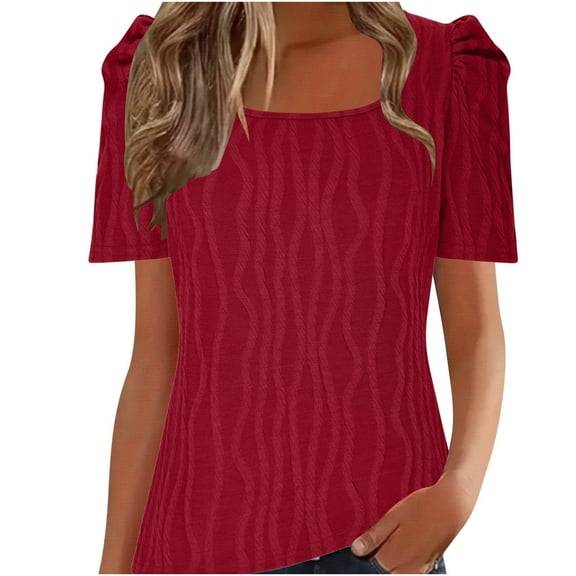 Womens Plus Size Tops Fashionable Solid Color Waistband Texture Lamb Leg Sleeve Short Sleeved Round Neck Top/Shirt