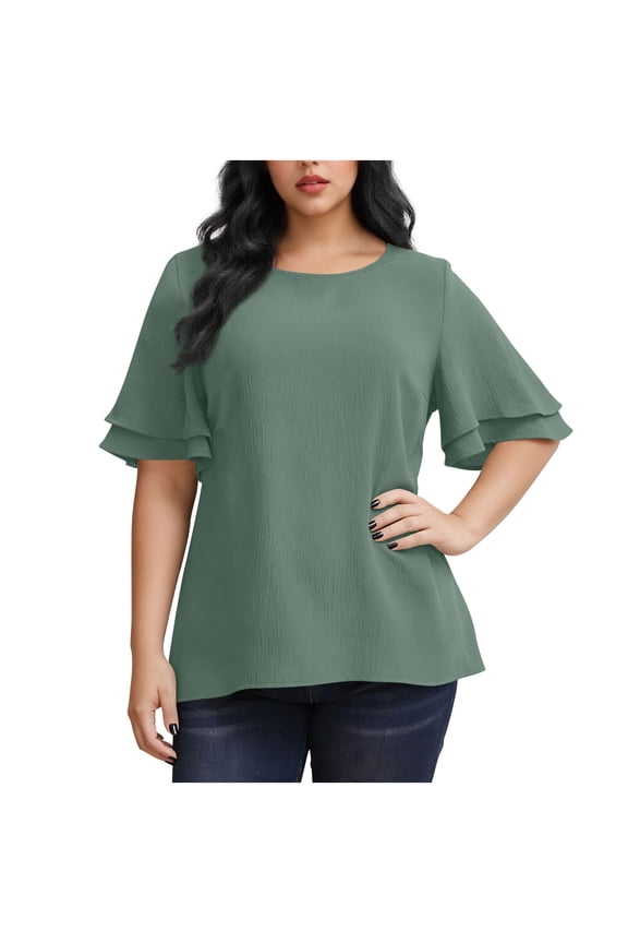 Womens Plus Size Tops Floral Bell Sleeves Blouses Tiered Ruffle Sleeve Blouse With High-Low Hem And Button Cuff Detail (Size:L-4XL)