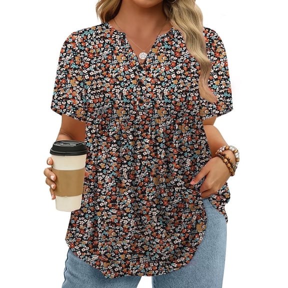 Womens Plus Size Tops Flowy V-Neck Shirts Summer Pleated Dressy Fashion Henley Floral Print Blouses 3Xl YH004