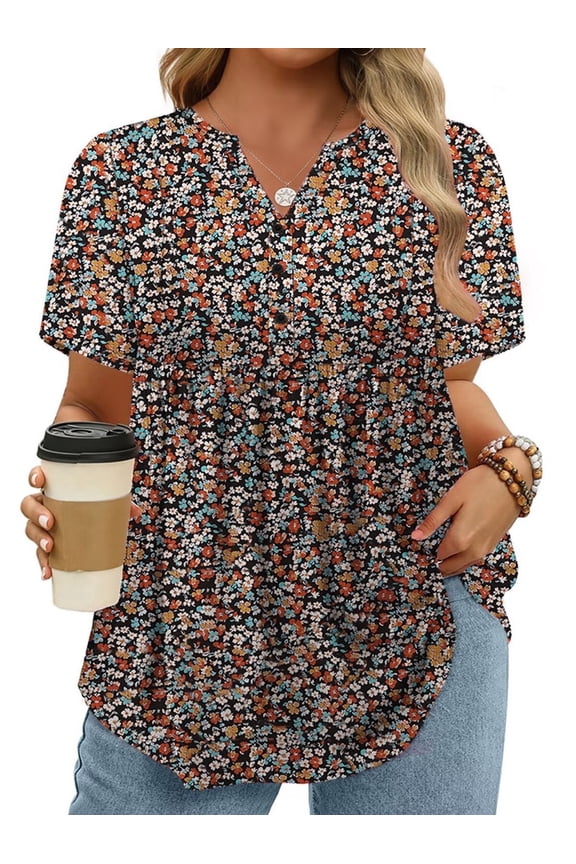 Womens Plus Size Tops Flowy V-Neck Shirts Summer Pleated Dressy Fashion Henley Floral Print Blouses 3Xl YH004