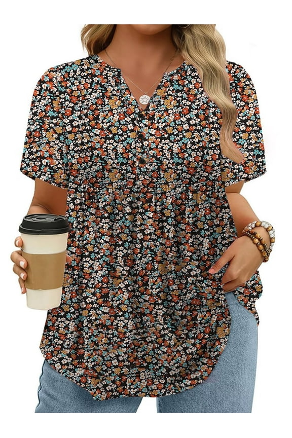 Womens Plus Size Tops Flowy V-Neck Shirts Summer Pleated Dressy Fashion Henley Floral Print Blouses 3Xl YH004