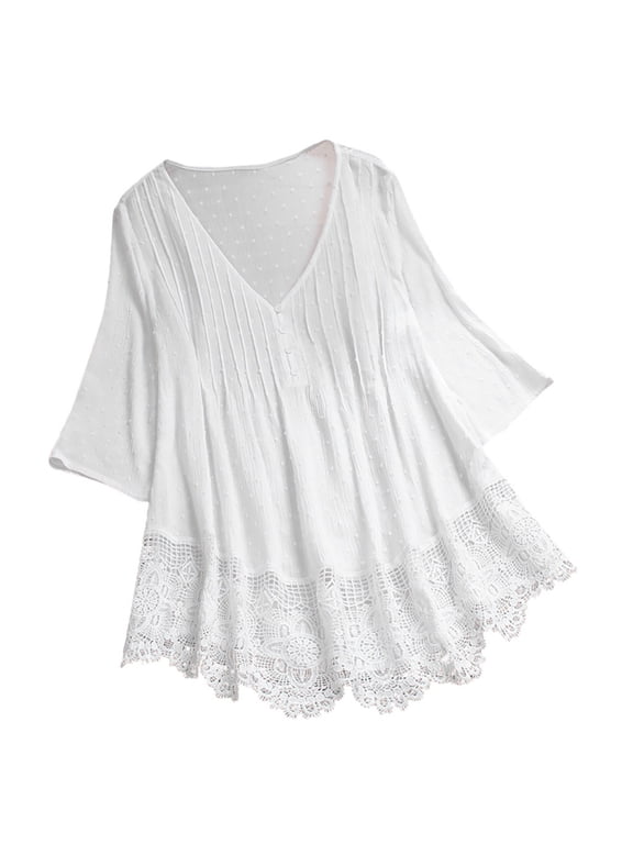 Womens Plus Size Tops Hollow out Dressy Casual Boho Blouses Short Sleeve Top Casual V Neck Shirts M-5XL