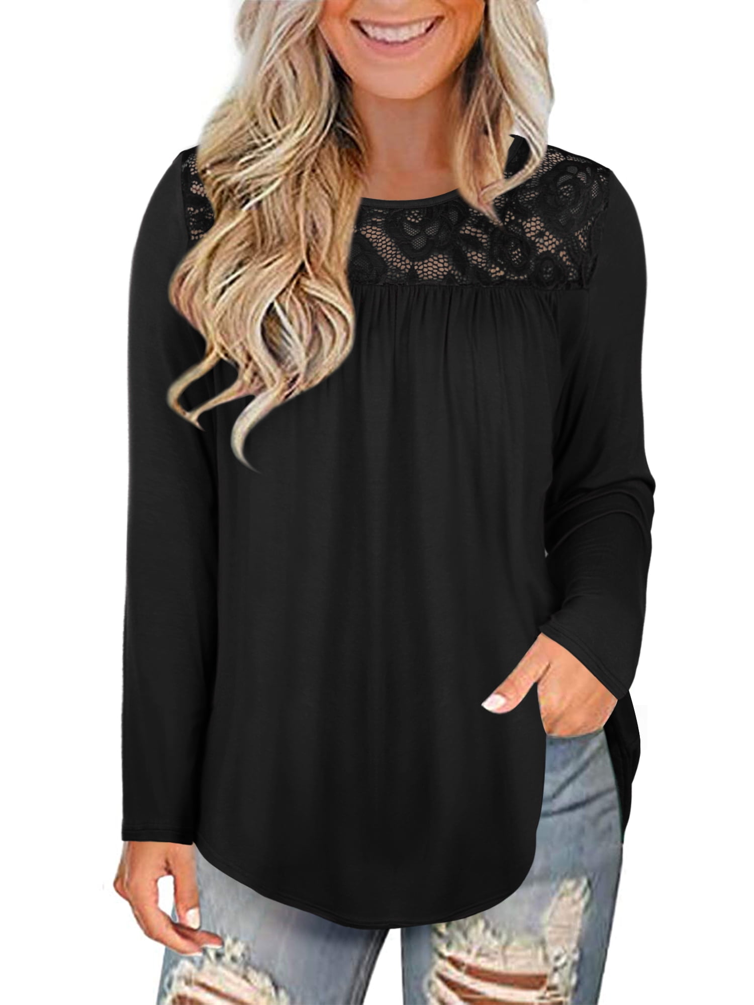 Womens Plus Size Tops Lace Pleated Tunic Blouses Long Sleeve Casual Flowy  Shirts