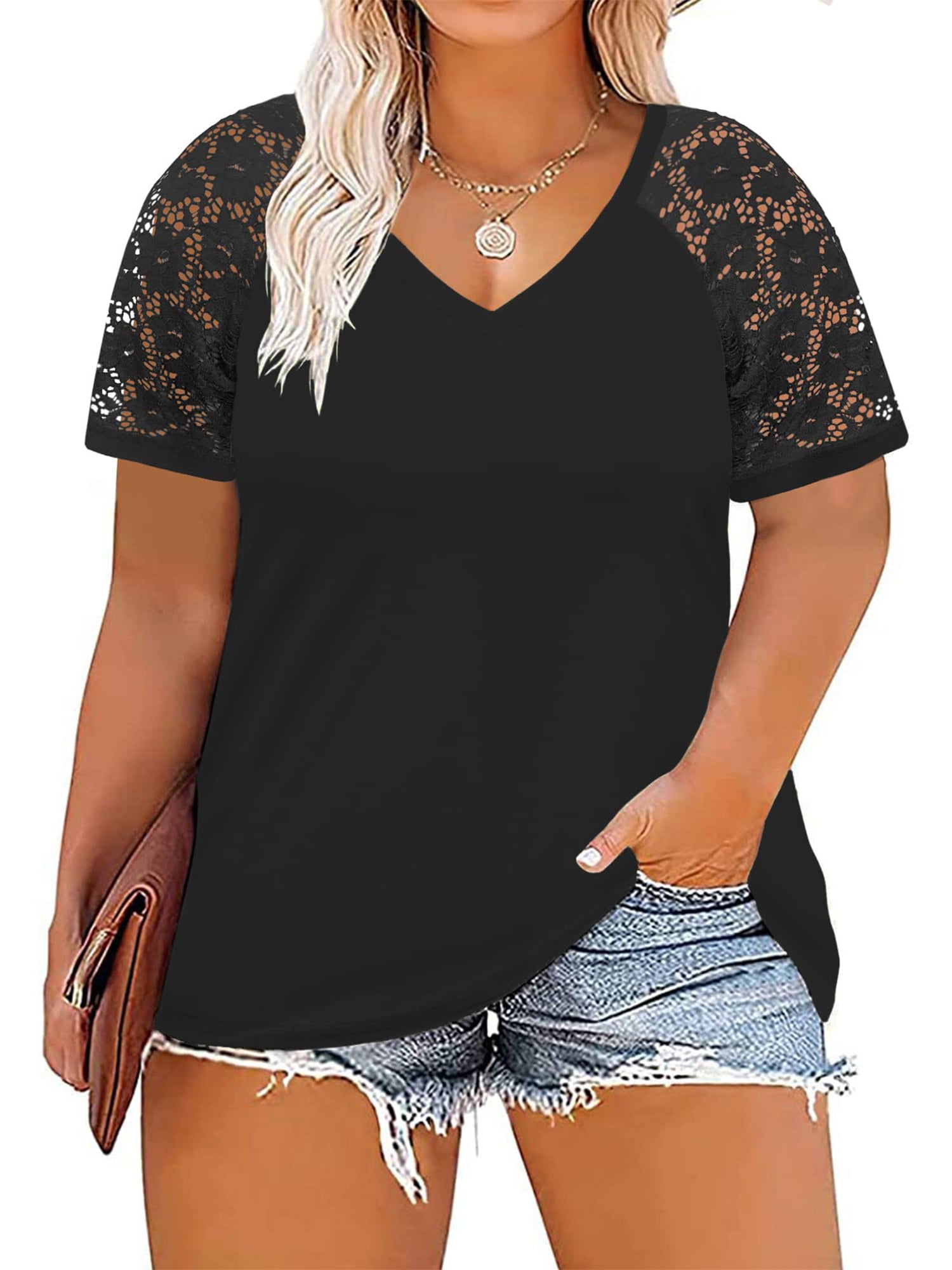 Womens Plus Size Tops Lace Short Sleeve Blouses Summer V Neck Tunic ...