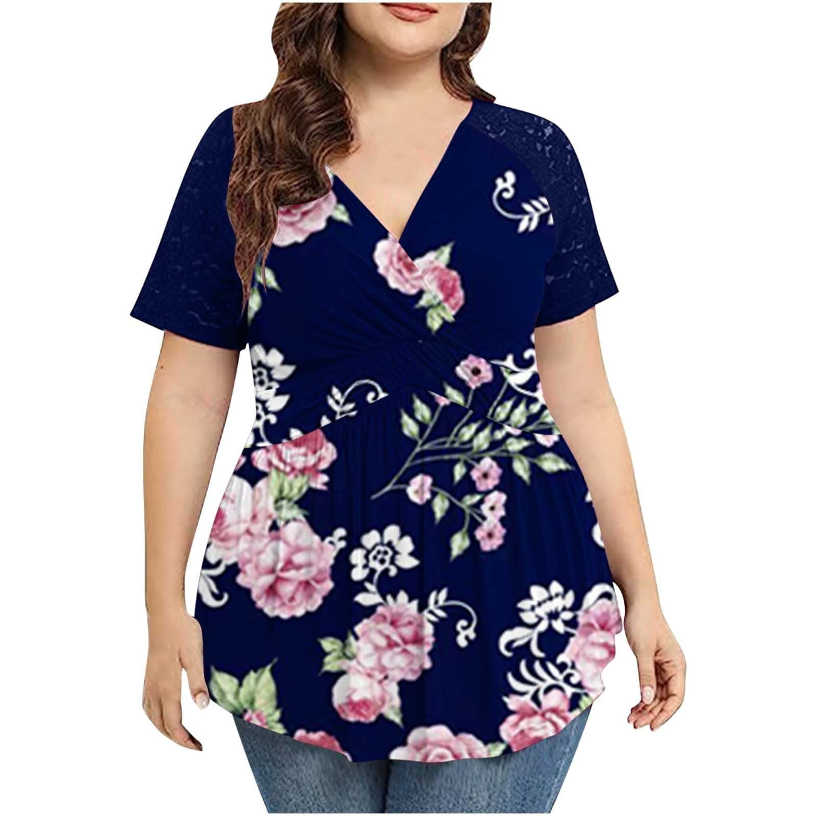 Womens Plus Size Tops Large Size Lace Stitching Printed Short Sleeve ...