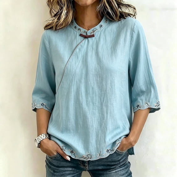 Womens Plus Size Tops Linen Elbow Length Sleeve Tshirts for Women Crew Neck Pullover Summer Fall Top M-4XL