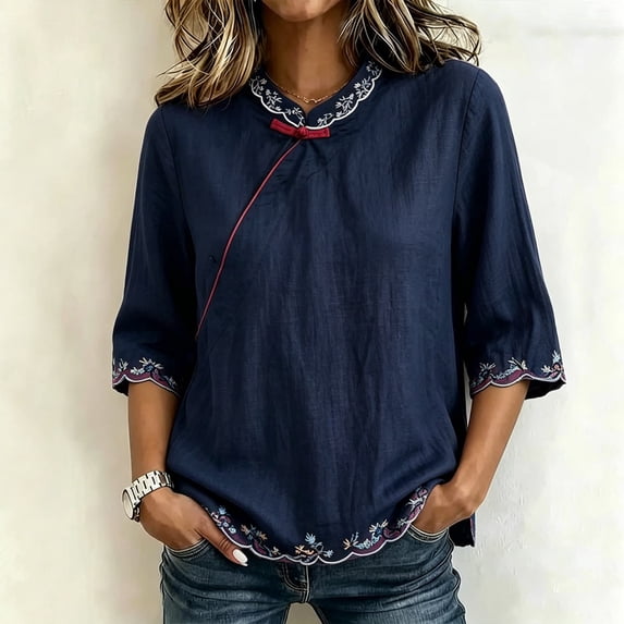 Womens Plus Size Tops Linen Elbow Length Sleeve Tshirts for Women Crew Neck Pullover Summer Fall Top M-4XL