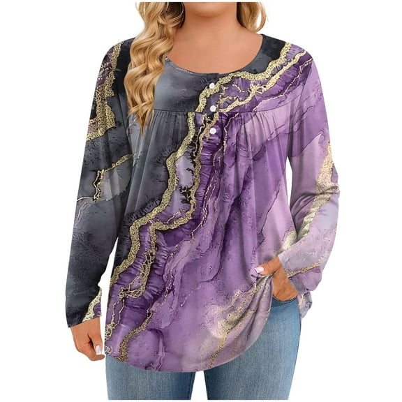 Womens Plus Size Tops Long Sleeve 1/4 Button Crewneck Pleated Shirts Dressy Casual Tunic Blouses Loose Fashion Clothes (3XL, Purple)