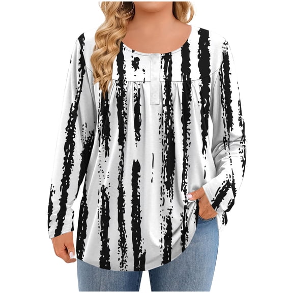 Womens Plus Size Tops Long Sleeve 1/4 Button Crewneck Pleated Shirts Dressy Casual Tunic Blouses Loose Fashion Clothes (3XL, White)
