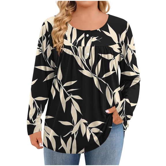 Womens Plus Size Tops Long Sleeve 1/4 Button Crewneck Pleated Shirts Dressy Casual Tunic Blouses Loose Fashion Clothes (XL, Black)