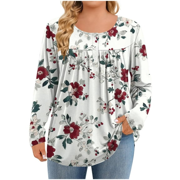 Womens Plus Size Tops Long Sleeve 1/4 Button Crewneck Pleated Shirts Dressy Casual Tunic Blouses Loose Fashion Clothes (XXL, Wine)