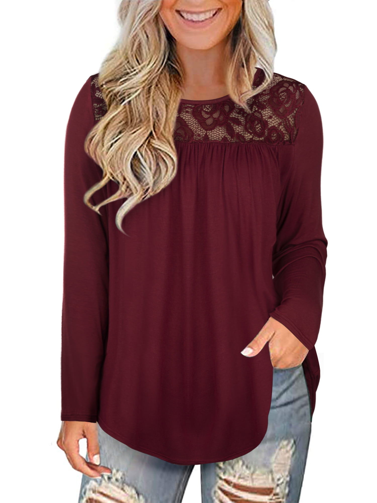 Womens Plus Size Tops Long Sleeve Lace Pleated Shirts Flowy Tunic ...