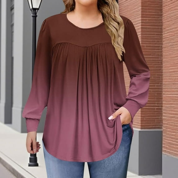 Womens Plus Size Tops Long Sleeve Shirts Crew Neck Flowy Tunic Fall Casual Loose Blouse 1X-5X