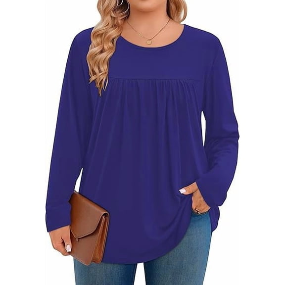Womens Plus Size Tops Long Sleeve Shirts Pleated Crew Neck Tunic Casual Loose Dressy Blouse Shirts