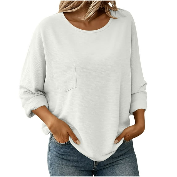 Womens Plus Size Tops, Long Sleeve Shirts for Women Casual Loose Fit Solid Color Crewneck Dressy Blouses Fall Clothes