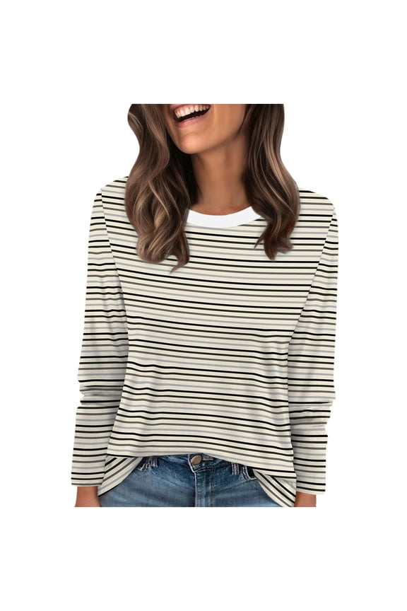 Womens Plus Size Tops, Long Sleeve Shirts for Women Fashion Loose Fit Striped Printed Crewneck T-Shirts Fall Clothes