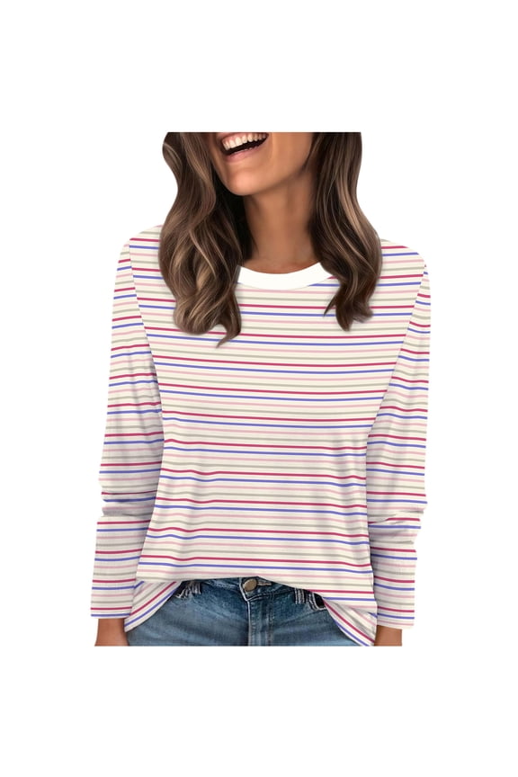 Womens Plus Size Tops, Long Sleeve Shirts for Women Fashion Loose Fit Striped Printed Crewneck T-Shirts Fall Clothes