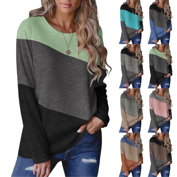 Womens Plus Size Tops Long Sleeve Tshirts for Women Color Block Crew Neck Casual Lightweight Fall Top S-3XL