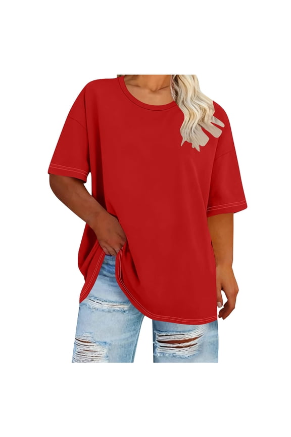 Womens Plus Size Tops Loose Fit Casual Summer Crew Neck T-Shirts Short Sleeve Plain Tshirts Soft Basic Tees (5XL, Red)