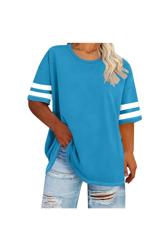Womens Plus Size Tops Loose Fit Short Sleeve Tees Crew Neck Color Block Summer Shirt 2026 Trendy Clothes