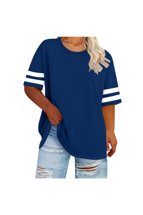 Womens Plus Size Tops Loose Fit Short Sleeve Tees Crew Neck Color Block Summer Shirt 2026 Trendy Clothes