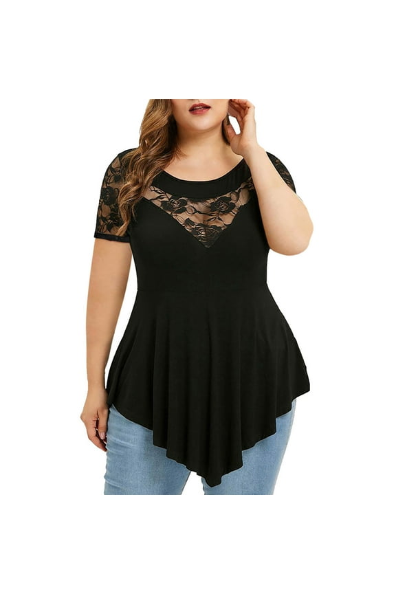 Womens Plus Size Tops O-Neck Asymmetric Short Sleeve Tunics Floral Lace Flowy Blouse Shirts for Summer Casual S-5X