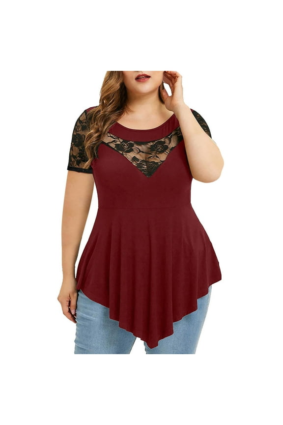 Womens Plus Size Tops O-Neck Asymmetric Short Sleeve Tunics Floral Lace Flowy Blouse Shirts for Summer Casual S-5X