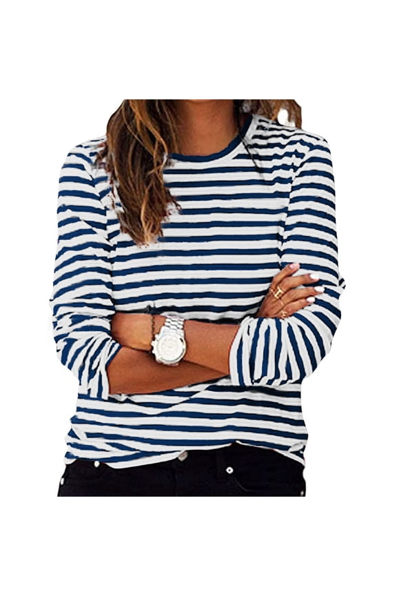 Womens Plus Size Tops O-Neck Long Sleeve Striped Printing T-Shirt Blue S