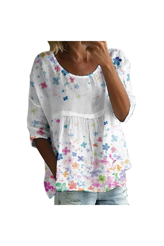 Womens Plus Size Tops Print T Shirt Half Sleeved Round Neck Shirt 3/4 Sleeved T Shirt Loose Large Size T Shirt